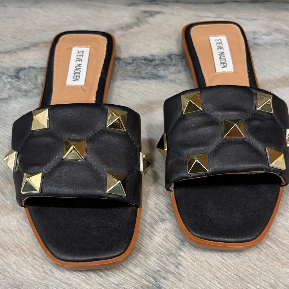 Steve Madden Black Quilted Slide Sandals with Gold Studs - Picture 1 of 5